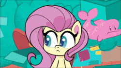 Size: 1920x1080 | Tagged: safe, screencap, fluttershy, crab, pegasus, pony, g4.5, my little pony: pony life, time after time capsule, spoiler:pony life s02e09, absurd file size, absurd gif size, animated, breaking the fourth wall, cartoon physics, female, gif, grin, mare, potion ocean, smiling, solo, sun, sunbathing, sunglasses, thought bubble, throwing
