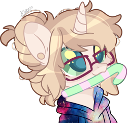 Size: 2806x2701 | Tagged: safe, artist:kurosawakuro, oc, oc only, oc:charlie (broken-boulevard), pony, unicorn, base used, candy, candy cane, clothes, female, food, glasses, high res, hoodie, mare, simple background, solo, transparent background