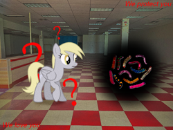 Size: 1000x750 | Tagged: safe, edit, editor:theedgyduck, derpy hooves, amoeba, pegasus, pony, g4, checkered floor, dreamcore, irl, liminal space, not salmon, photo, ponies in real life, question mark, text, wat, weird, weirdcore, worms