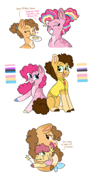Size: 1669x3260 | Tagged: safe, artist:moccabliss, cheese sandwich, li'l cheese, pinkie pie, oc, oc:cake pop, earth pony, pony, g4, brother and sister, cake, cheesecake, colt, crying, female, filly, food, genderfluid pride flag, hug, male, mother and child, mother and daughter, mouth hold, nonbinary pride flag, offspring, pansexual pride flag, parent:cheese sandwich, parent:pinkie pie, parents:cheesepie, pride, pride flag, ship:cheesepie, shipping, siblings, simple background, straight, white background