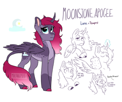 Size: 2458x2048 | Tagged: safe, artist:moccabliss, oc, oc only, oc:moonstone apogee, alicorn, pony, curved horn, female, high res, horn, leonine tail, magic, magical lesbian spawn, mare, offspring, parent:princess luna, parent:tempest shadow, parents:tempestluna, simple background, solo, transparent background