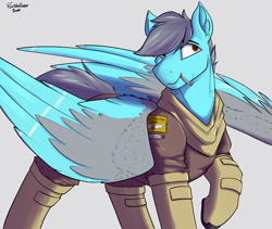 Size: 2972x2509 | Tagged: safe, artist:flashnoteart, oc, oc only, oc:altocumulus, pegasus, pony, boots, cigarette, clothes, colored, high res, military uniform, shoes, simple background, smiling, smoking, solo, uniform, walking, wings