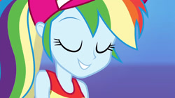 Size: 1920x1080 | Tagged: safe, screencap, rainbow dash, equestria girls, g4, i'm on a yacht, my little pony equestria girls: better together, alternate hairstyle, baseball cap, blue background, cap, close-up, clothes, cruise outfit, cute, dashabetes, eyes closed, female, gradient background, happy, hat, ponytail, simple background, sleeveless, smiling, solo, tank top