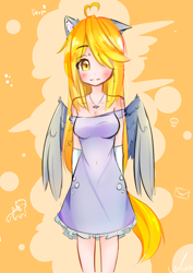 Size: 1447x2039 | Tagged: safe, artist:bubbletea, derpy hooves, human, g4, abstract background, ahoge, background pony, beautiful, breasts, bubble, cleavage, clothes, cute, derp, dress, eared humanization, hair over one eye, humanized, illustration, jewelry, necklace, original art, tail, tailed humanization, winged humanization, wings
