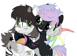 Size: 1870x1343 | Tagged: safe, artist:arianstar, oc, oc only, oc:belfry, oc:panda (broken-boulevard), bat pony, pegasus, pony, female, hug, mare