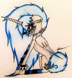 Size: 2438x2637 | Tagged: safe, artist:beamybutt, oc, oc only, oc:moonbeam, alicorn, pony, alicorn oc, chains, clothes, ear piercing, eyelashes, female, high res, horn, mare, piercing, signature, socks, solo, striped socks, traditional art, wings