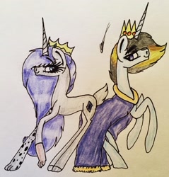 Size: 2375x2482 | Tagged: safe, artist:beamybutt, oc, oc only, pony, unicorn, clothes, crown, duo, eyelashes, female, high res, horn, jewelry, male, mare, regalia, signature, smiling, stallion, traditional art, unicorn oc