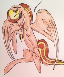 Size: 682x824 | Tagged: safe, artist:beamybutt, oc, oc only, pegasus, pony, :p, eyelashes, eyes closed, female, mare, pegasus oc, signature, solo, tongue out, traditional art, wings
