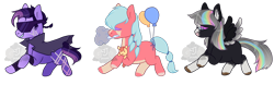 Size: 1400x437 | Tagged: safe, artist:lavvythejackalope, oc, oc only, earth pony, pegasus, pony, balloon, base used, cloak, clothes, colored hooves, earth pony oc, multicolored hair, pegasus oc, rainbow hair, wings
