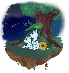 Size: 800x844 | Tagged: safe, artist:lavvythejackalope, oc, oc only, alicorn, pony, alicorn oc, commission, dirt cube, duo, floating island, horn, looking up, lying down, night, outdoors, prone, shooting star, simple background, sitting, smiling, transparent background, tree, wings, your character here