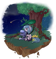 Size: 800x844 | Tagged: safe, artist:lavvythejackalope, oc, oc only, earth pony, pony, commission, duo, earth pony oc, floating island, looking up, lying down, night, outdoors, prone, shooting star, simple background, sitting, smiling, transparent background, tree, ych result