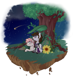 Size: 800x844 | Tagged: safe, artist:lavvythejackalope, oc, oc only, earth pony, pony, clothes, commission, duo, earth pony oc, floating island, looking up, lying down, night, outdoors, prone, scarf, shooting star, simple background, sitting, smiling, transparent background, tree, ych result