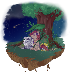 Size: 800x844 | Tagged: safe, artist:lavvythejackalope, oc, oc only, earth pony, pony, commission, duo, earth pony oc, floating island, flower, looking up, lying down, night, outdoors, prone, shooting star, simple background, sitting, smiling, transparent background, tree, ych result