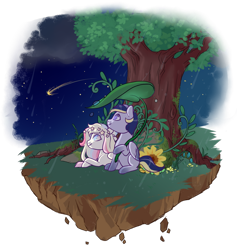 Size: 800x844 | Tagged: safe, artist:lavvythejackalope, oc, oc only, pegasus, pony, commission, duo, ethereal mane, floating island, flower, looking up, lying down, night, outdoors, pegasus oc, prone, shooting star, simple background, sitting, smiling, starry mane, transparent background, tree, wings, ych result
