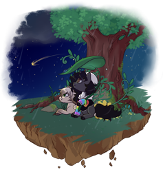 Size: 800x844 | Tagged: safe, artist:lavvythejackalope, oc, oc only, earth pony, pony, beanie, commission, duo, earth pony oc, floating island, flower, hat, looking up, lying down, night, outdoors, prone, shooting star, simple background, sitting, smiling, transparent background, tree, ych result