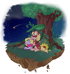 Size: 800x844 | Tagged: safe, artist:lavvythejackalope, oc, oc only, pony, unicorn, commission, duo, floating island, flower, horn, looking up, lying down, night, outdoors, prone, shooting star, simple background, sitting, smiling, transparent background, tree, unicorn oc, ych result