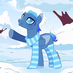 Size: 1080x1080 | Tagged: safe, alternate version, artist:fluffponee, oc, oc only, pegasus, pony, clothes, colored hooves, looking up, male, outdoors, pegasus oc, raised hoof, scarf, signature, smiling, snow, stallion, tree, two toned wings, wings