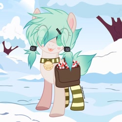 Size: 1080x1080 | Tagged: safe, alternate version, artist:fluffponee, oc, oc only, earth pony, pony, :p, bell, cat bell, clothes, collar, earth pony oc, eye clipping through hair, female, mare, outdoors, signature, snow, socks, solo, striped socks, tongue out, tree