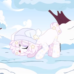Size: 1080x1080 | Tagged: safe, alternate version, artist:fluffponee, oc, oc only, earth pony, pony, earth pony oc, ethereal mane, eye clipping through hair, face down ass up, female, mare, open mouth, outdoors, smiling, snow, starry mane, tree