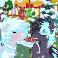 Size: 1080x1080 | Tagged: safe, artist:fluffponee, oc, oc only, bat pony, pegasus, pony, robot, robot pony, bat pony oc, bat wings, blushing, christmas, christmas tree, clothes, duo, eyes closed, holiday, holly, holly mistaken for mistletoe, male, outdoors, pegasus oc, smiling, snow, stallion, tree, wings