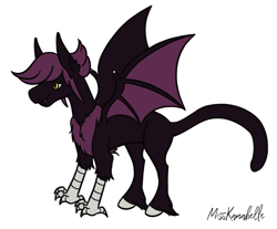 Size: 1346x1116 | Tagged: safe, artist:misskanabelle, oc, oc only, draconequus, bat wings, chest fluff, crack ship offspring, draconequus oc, female, interspecies offspring, offspring, parent:discord, parent:inky rose, signature, simple background, white background, wings