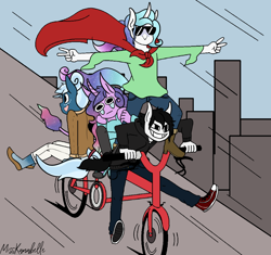 Size: 1596x1500 | Tagged: safe, artist:misskanabelle, oc, oc only, unicorn, anthro, bicycle, cape, clothes, converse, crying, female, grin, horn, male, outdoors, pants, scared, shoes, signature, sitting, smiling, sunglasses, t pose, unicorn oc