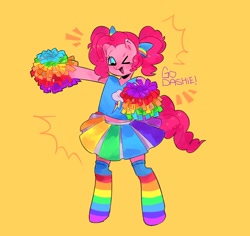 Size: 1174x1110 | Tagged: safe, artist:xxk1ttyl1tterxx, pinkie pie, earth pony, semi-anthro, g4, alternate hairstyle, bow, cheering, cheerleader, clothes, hair bow, implied lesbian, implied pinkiedash, implied shipping, one eye closed, orange background, pom pom, rainbow dash's cutie mark, rainbow socks, simple background, skirt, socks, solo, striped socks, wink