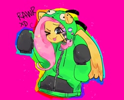 Size: 1480x1200 | Tagged: safe, artist:fluttr3, fluttershy, pegasus, pony, antonymph, ;p, clothes, eyestrain warning, fluttgirshy, gir, hoodie, magenta background, needs more saturation, nonbinary, nonbinary pride flag, one eye closed, pins, pride, pride flag, rawr, solo, tongue out, transgender pride flag, wink