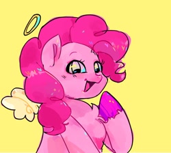 Size: 1338x1200 | Tagged: safe, artist:xxk1ttyl1tterxx, part of a set, pinkie pie, earth pony, pony, g4, angelic wings, chest fluff, female, halo, mare, open mouth, open smile, simple background, smiling, solo, wings, yellow background