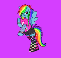 Size: 1236x1178 | Tagged: safe, artist:xxk1ttyl1tterxx, rainbow dash, pegasus, pony, g4, clothes, coontails, female, mare, one eye closed, purple background, scene, shirt, shorts, simple background, socks, solo, t-shirt, thigh highs, wink, wristband