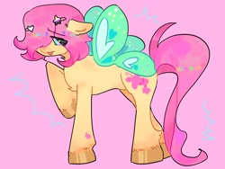 Size: 1600x1200 | Tagged: safe, artist:xxk1ttyl1tterxx, fluttershy, pegasus, pony, g4, alternate design, butterfly wings, eye clipping through hair, floppy ears, flutterfly, hairpin, pink background, raised hoof, short mane, simple background, solo, wings