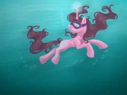 Size: 960x720 | Tagged: safe, artist:lavenderrain24, oc, oc only, pony, unicorn, blue eyes, bubble, crepuscular rays, dive mask, female, flowing mane, looking up, ocean, solo, speedpaint, sunlight, swimming, underwater, water