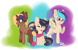 Size: 1024x654 | Tagged: safe, artist:l00giedoogie, oc, oc only, oc:indiana, oc:rocket roll, earth pony, pegasus, pony, unicorn, colt, female, filly, magical lesbian spawn, male, offspring, parent:apple bloom, parent:diamond tiara, parent:pipsqueak, parent:scootaloo, parent:sweetie belle, parent:toola roola, parents:diamondbloom, parents:sweetiesqueak, parents:toolaloo, simple background, transparent background