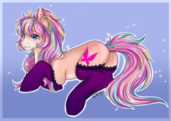 Size: 3508x2480 | Tagged: safe, artist:themstap, oc, oc only, oc:bijou butterfly, butterfly, earth pony, pony, blushing, butt, clothes, commission, female, high res, large butt, mare, solo, stockings, thigh highs, underhoof, ych result