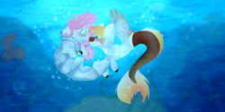 Size: 2000x1000 | Tagged: safe, artist:dashkatortik12222222, oc, oc only, merpony, pegasus, pony, bubble, crepuscular rays, dorsal fin, fish tail, flowing tail, looking at each other, ocean, signature, spread wings, sunlight, swimming, tail, underwater, water, wings