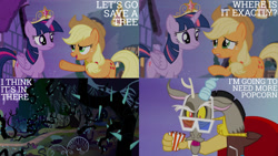 Size: 1280x720 | Tagged: safe, edit, edited screencap, editor:quoterific, screencap, applejack, discord, twilight sparkle, alicorn, draconequus, earth pony, pony, g4, princess twilight sparkle (episode), season 4, 3-d glasses, applejack's hat, big crown thingy, black vine, breaking the fourth wall, cowboy hat, crown, element of honesty, element of magic, everfree forest, female, hat, jewelry, looking at you, male, mare, open mouth, regalia, twilight sparkle (alicorn)