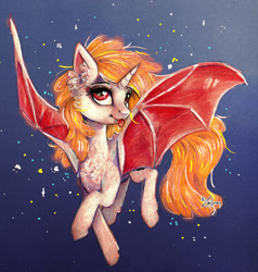 Size: 1024x1075 | Tagged: safe, artist:lailyren, oc, oc only, alicorn, bat pony, bat pony alicorn, pony, bat wings, flying, horn, solo, tongue out, wings