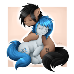 Size: 2480x2480 | Tagged: safe, artist:puggie, oc, oc:proxy, oc:rena heartstep, earth pony, pony, beard, couple, cuddling, facial hair, female, high res, male, simple background, straight