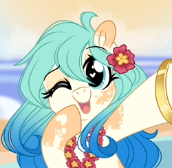 Size: 2190x2134 | Tagged: safe, artist:emberslament, oc, oc only, oc:seascape, earth pony, pony, beach, bracelet, coat markings, cute, dappled, earth pony oc, female, flower, flower in hair, gradient mane, happy, heart, heart eyes, high res, jewelry, lei, looking at you, mare, not coco pommel, ocbetes, one eye closed, open mouth, selfie, wingding eyes, wink, winking at you