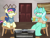 Size: 2048x1536 | Tagged: safe, artist:shunks, bon bon, lyra heartstrings, sweetie drops, earth pony, pony, unicorn, g4, cider, cider mug, coat hanger, crossover, digital art, door, female, lesbian, meme, mug, painting, redlettermedia, ship:lyrabon, shipping, sitting, sitting lyra, sitting lyra style, television, wooden floor, youtuber