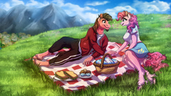 Size: 1920x1080 | Tagged: safe, artist:lupiarts, pinkie pie, oc, oc:ace play, anthro, unguligrade anthro, g4, basket, canon x oc, clothes, commission, couple, digital art, female, food, holding hands, love, male, mountain, picnic, picnic basket, picnic blanket, pinkieplay, ponyville, romance, romantic, sandwich, scenery, shipping, skirt, sky, straight, unshorn fetlocks