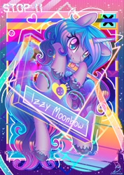 Size: 2480x3508 | Tagged: safe, artist:wavecipher, izzy moonbow, pony, unicorn, g5, spoiler:g5, aesthetics, compact cassette, cute, female, heart, heart eyes, high res, izzybetes, mare, neon, solo, tongue out, triangle, vaporwave, webcore, wingding eyes