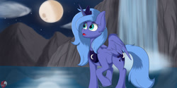 Size: 1280x640 | Tagged: safe, artist:joaothejohn, princess luna, alicorn, pony, g4, moon, mountain, night, s1 luna, scenery, solo, waterfall