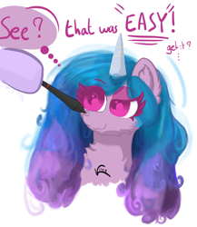 Size: 1902x2191 | Tagged: safe, artist:vinca, izzy moonbow, pony, unicorn, g5, looking up, pen, pun, solo