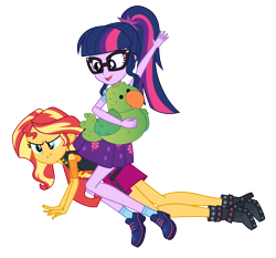 Size: 1566x1460 | Tagged: safe, artist:jcpreactyt, sci-twi, sunset shimmer, twilight sparkle, bird, parakeet, equestria girls, g4, my little pony equestria girls: better together, humans riding humans, it's not about the parakeet, lip bite, plushie, riding, simple background, transparent background, twilight riding sunset shimmer