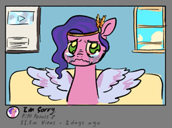 Size: 849x633 | Tagged: safe, artist:villainappie, pipp petals, pegasus, pony, g5, adorapipp, apology, apology video, cancel culture, cancelled, couch, crying, cute, drama queen pipp, female, hilarious in hindsight, mare, sad, sad pony, youtube, youtube creator awards