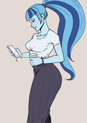 Size: 2480x3508 | Tagged: safe, artist:nire, sonata dusk, equestria girls, g4, blushing, bracelet, breasts, busty sonata dusk, clothes, coffee, eyeshadow, high res, jewelry, makeup, midriff, nail polish, pants, phone, phone charm, ponytail, short shirt, smiling, solo