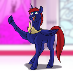 Size: 1000x1000 | Tagged: safe, artist:foxenawolf, oc, oc:destined path, alicorn, pony, fanfic:the growing years, blue fur, colt, fanfic art, jewelry, male, open mouth, red hair, red mane, tiara