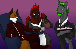 Size: 1000x643 | Tagged: safe, artist:foxenawolf, oc, oc only, oc:free agent, oc:long path, earth pony, fox, griffon, pony, anthro, plantigrade anthro, fanfic:cosmic lotus, black fur, butler, chair, chinstrap, clothes, fanfic art, female, flirting, gradient background, green hair, green mane, maid, male, platter, pouring, red feathers, suit