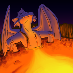 Size: 1000x1000 | Tagged: safe, artist:foxenawolf, oc, oc only, oc:eon path, dragon, anthro, fanfic:cosmic lotus, eyes closed, fanfic art, lava, lava bathing, male, solo